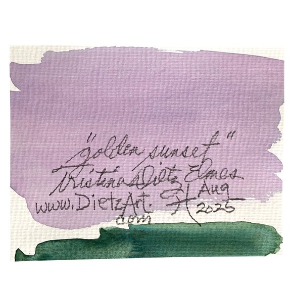 Golden Sunset Original Iridescent Watercolor Painting 4x5in Black Frame Desk Art - Picture 5 of 6